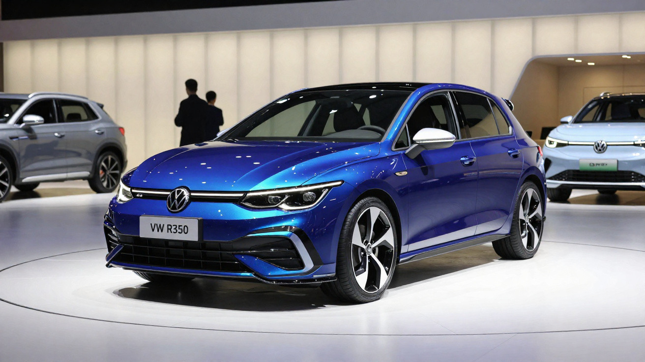 Carro Volkswagen VW R350 azul em exposição numa sala iluminada com outros carros ao fundo.