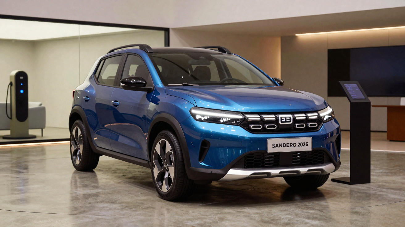 Carro azul Sandero 2026 exposto em ambiente moderno com zona de carregamento elétrico ao fundo.