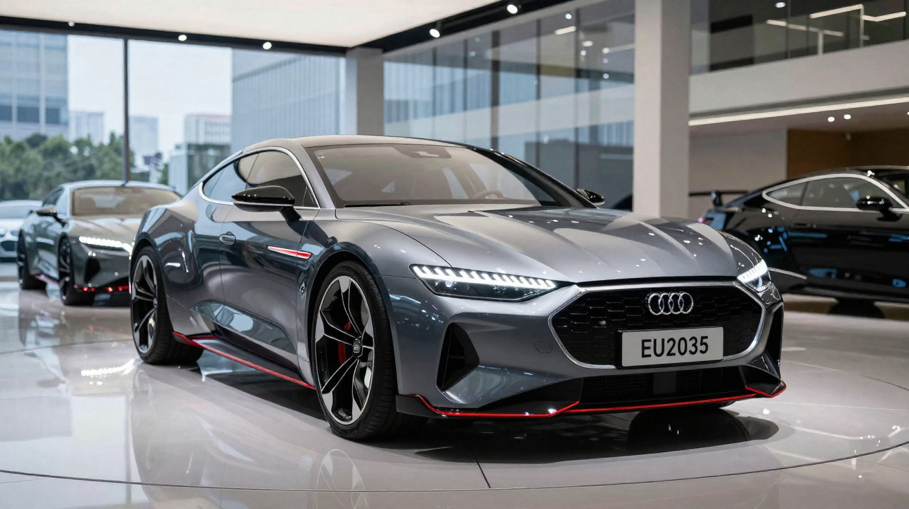 Carro desportivo Audi cinzento com detalhes vermelhos em exposição numa superfície brilhante dentro de um salão moderno.
