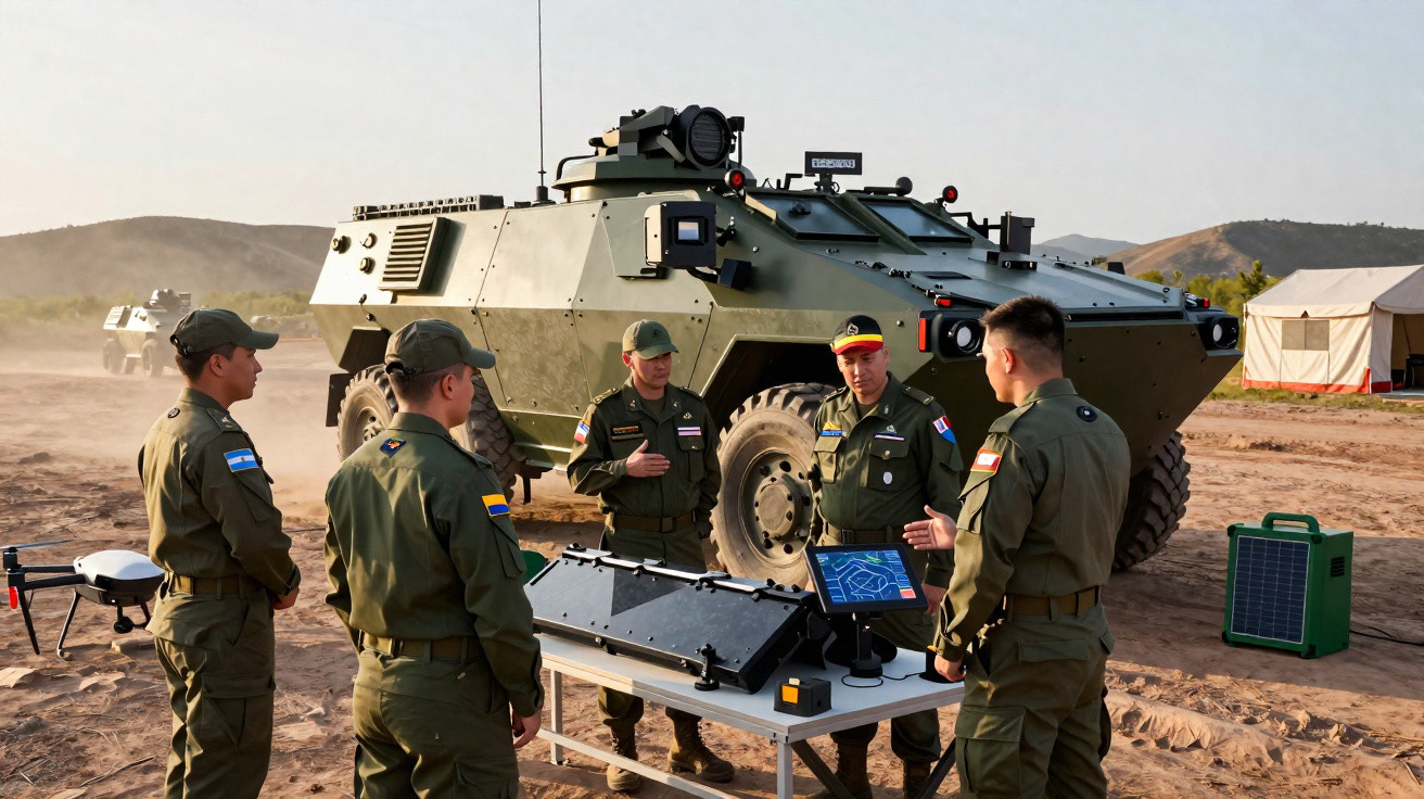 Cinco soldados em uniforme discutem ao redor de mesa com equipamento tecnológico diante de veículo militar blindado.