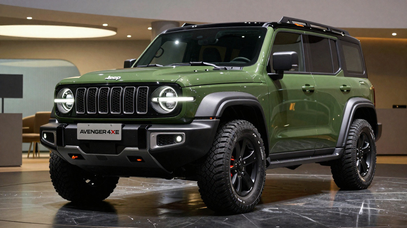 Jeep Avenger 4XE verde em destaque, com design robusto e rodas grandes, num ambiente interior moderno.