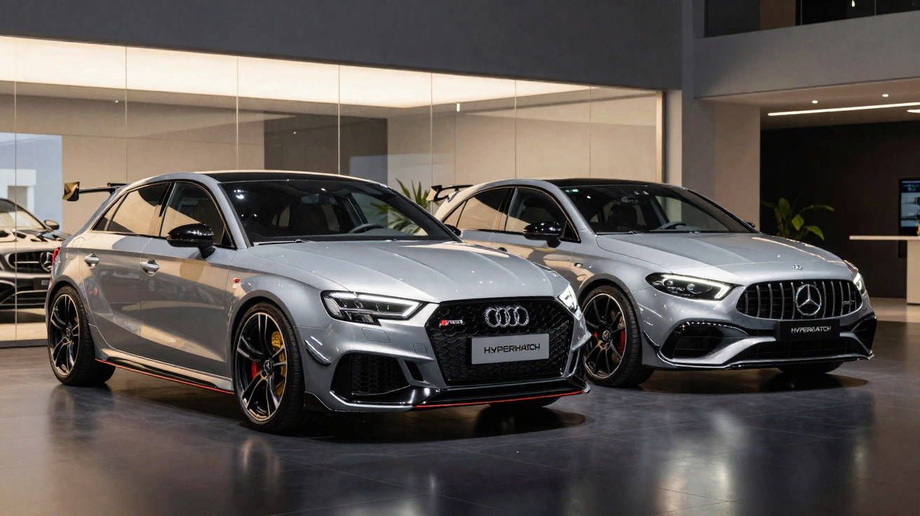 Dois carros desportivos cinzentos estacionados num showroom moderno com luz ambiente e chão refletor.