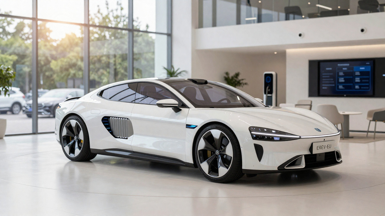 Carro elétrico desportivo branco estacionado num showroom moderno com janelas amplas e luz natural.