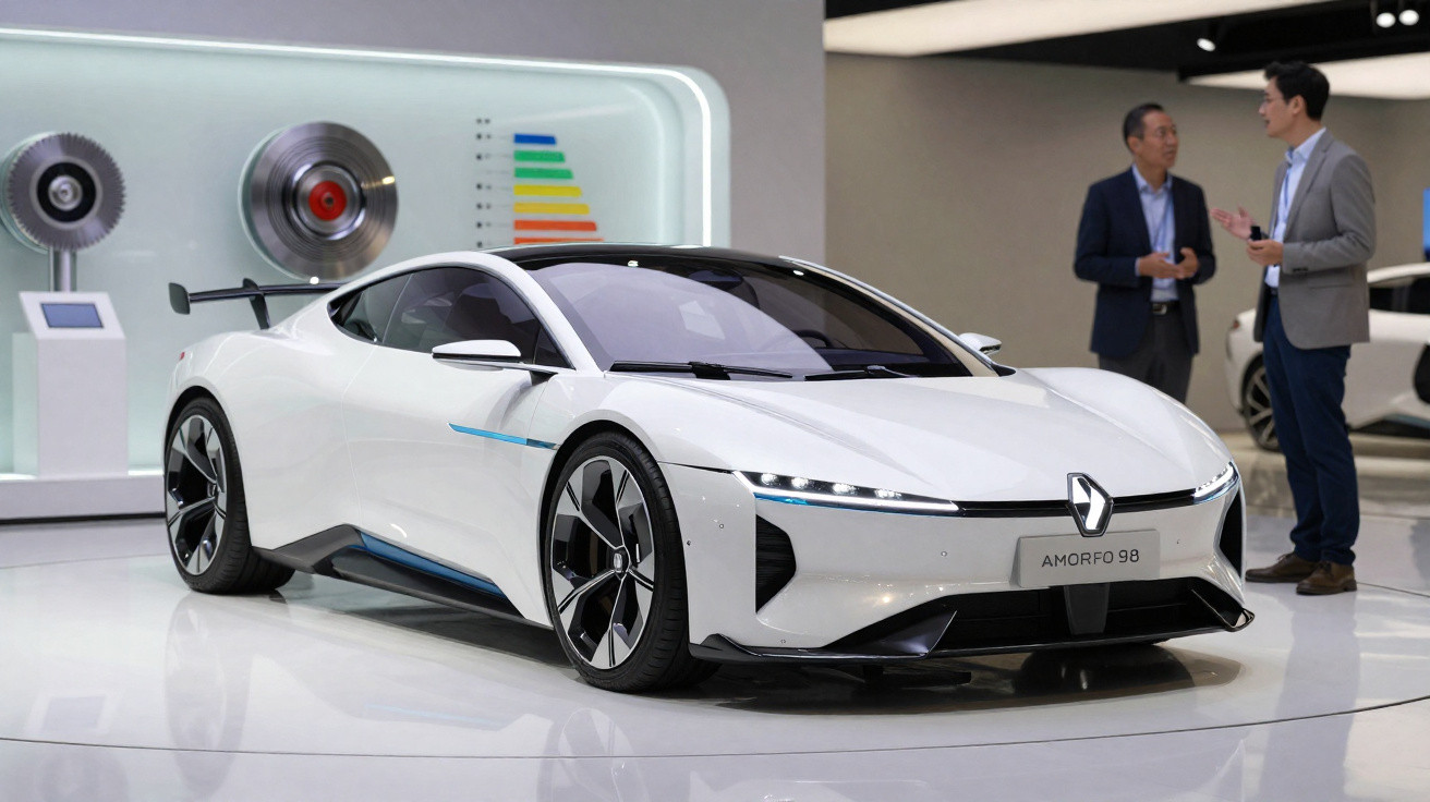 Carro elétrico desportivo branco Renault Amorfo 98 exposto em feira automóvel com duas pessoas ao fundo.