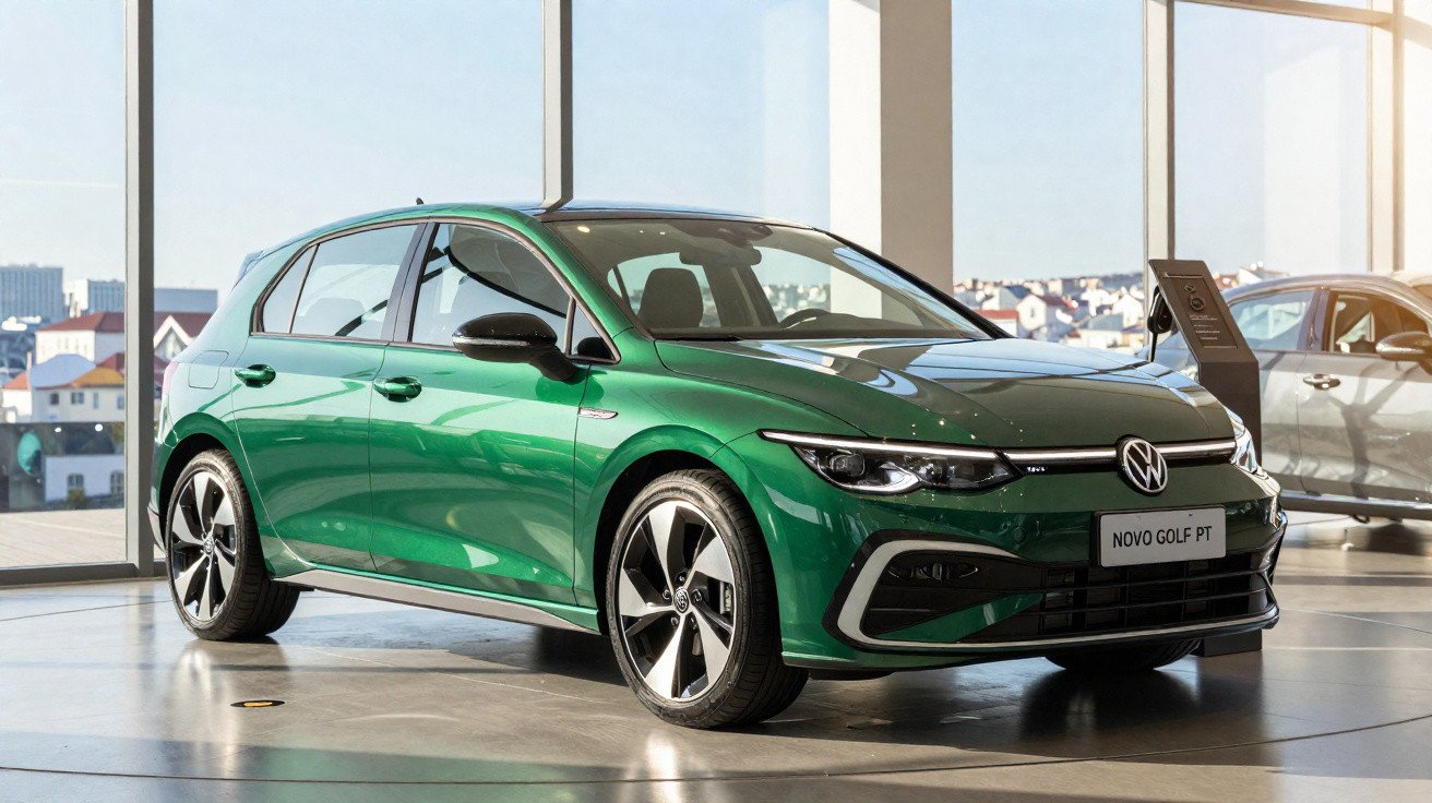 Carro Volkswagen Novo Golf verde estacionado num salão com janelas amplas e luz natural.