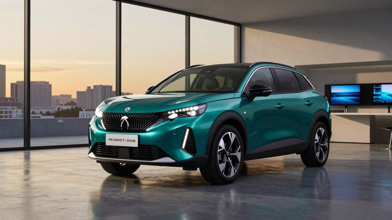 Peugeot 3008 verde estacionado dentro de um espaço moderno com janelas amplas ao fundo.