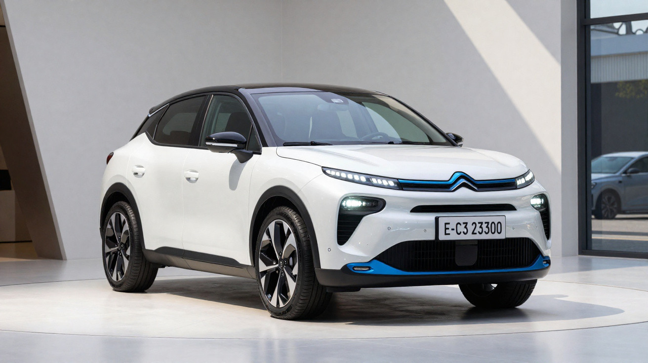 Automóvel Citroën C3 5 portas branco com detalhes em azul e tejadilho preto, numa área interior moderna.