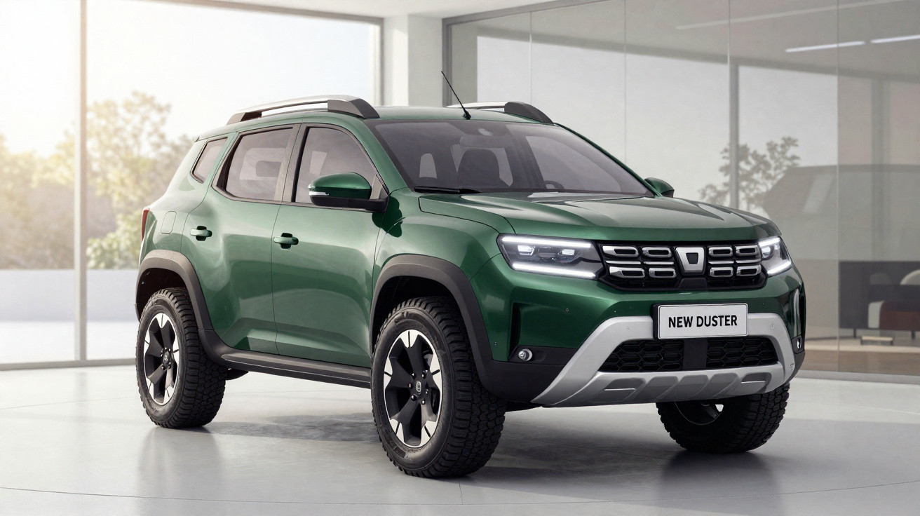 SUV Dacia New Duster verde escuro estacionado em ambiente moderno e iluminado, vista frontal direita.