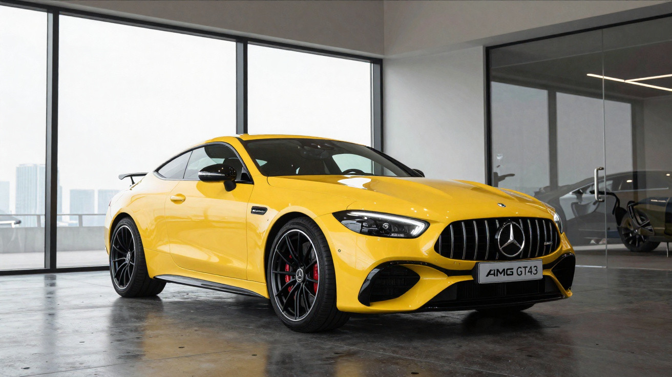 Mercedes-AMG GT 43 amarelo brilhante estacionado num espaço interior moderno com grandes janelas.