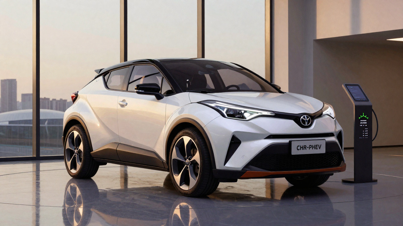 Carro híbrido Toyota CHR-PHEV branco estacionado junto a posto de carregamento em espaço moderno.