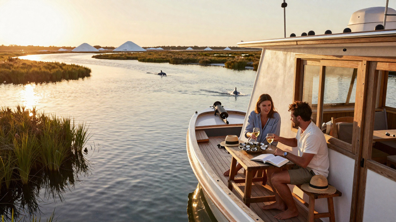 Casal a brindar com vinho num barco ao pôr do sol numa lagoa com golfinhos e salinas ao fundo.