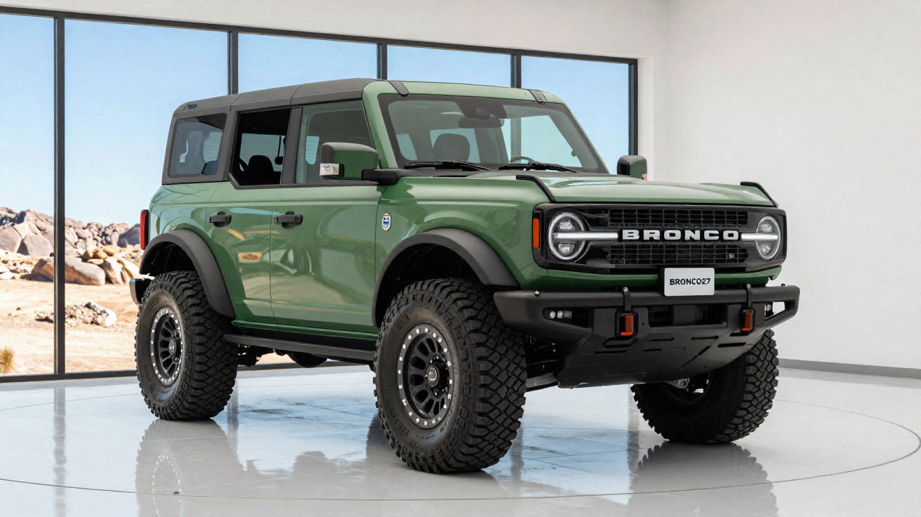 SUV Ford Bronco verde em exposição numa sala com janelas amplas e piso refletor.