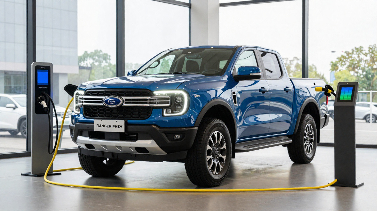 Picape azul Ford Ranger PHEV a carregar em estação de energia elétrica interior.