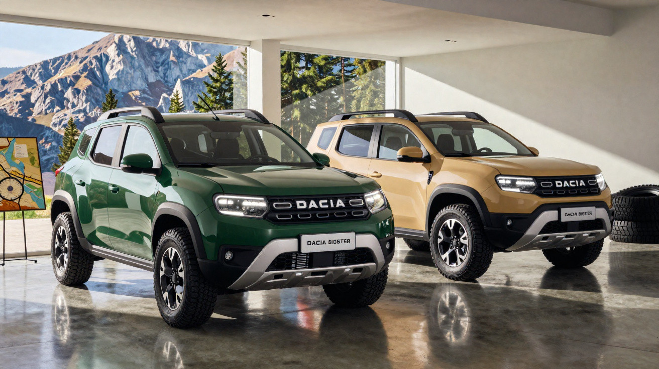 Dois SUV Dacia Bigster, um verde e outro bege, estacionados em espaço interior com vista para montanhas.
