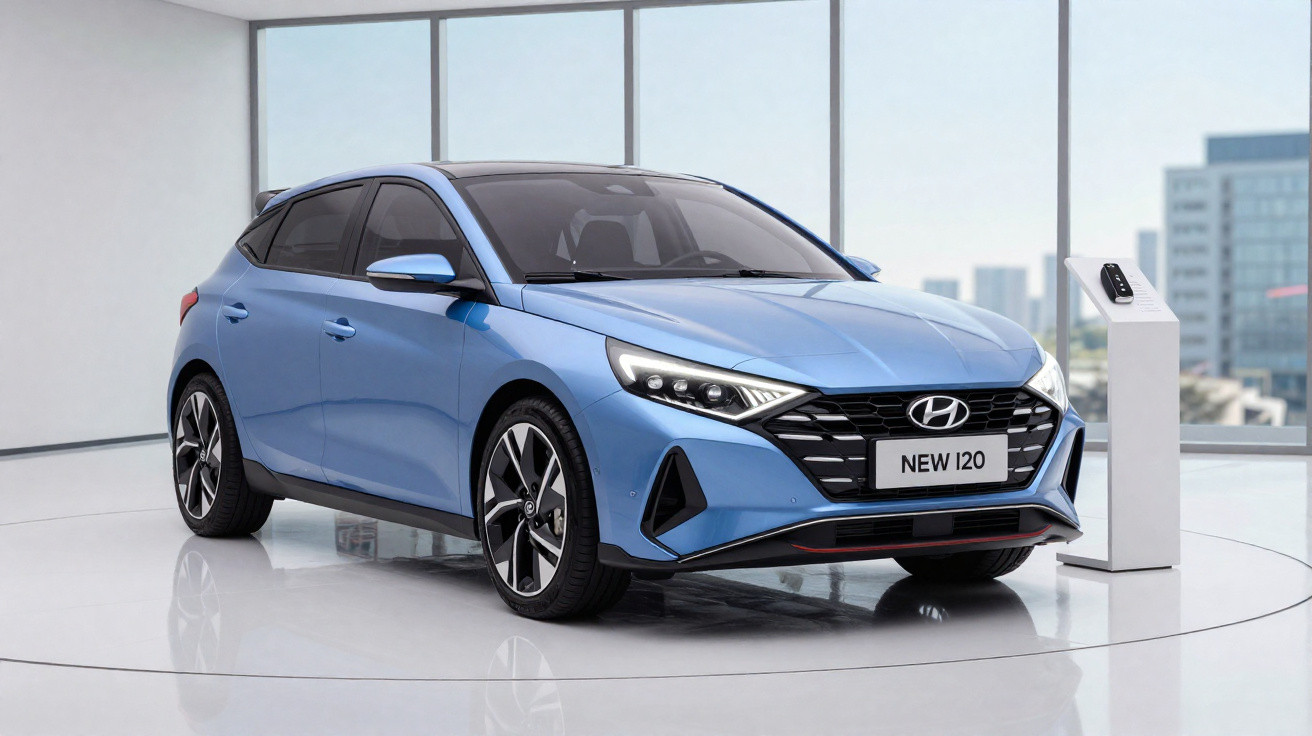 Carro Hyundai novo modelo i20 azul exposto em showroom moderno com vidros amplos e chão brilhante.