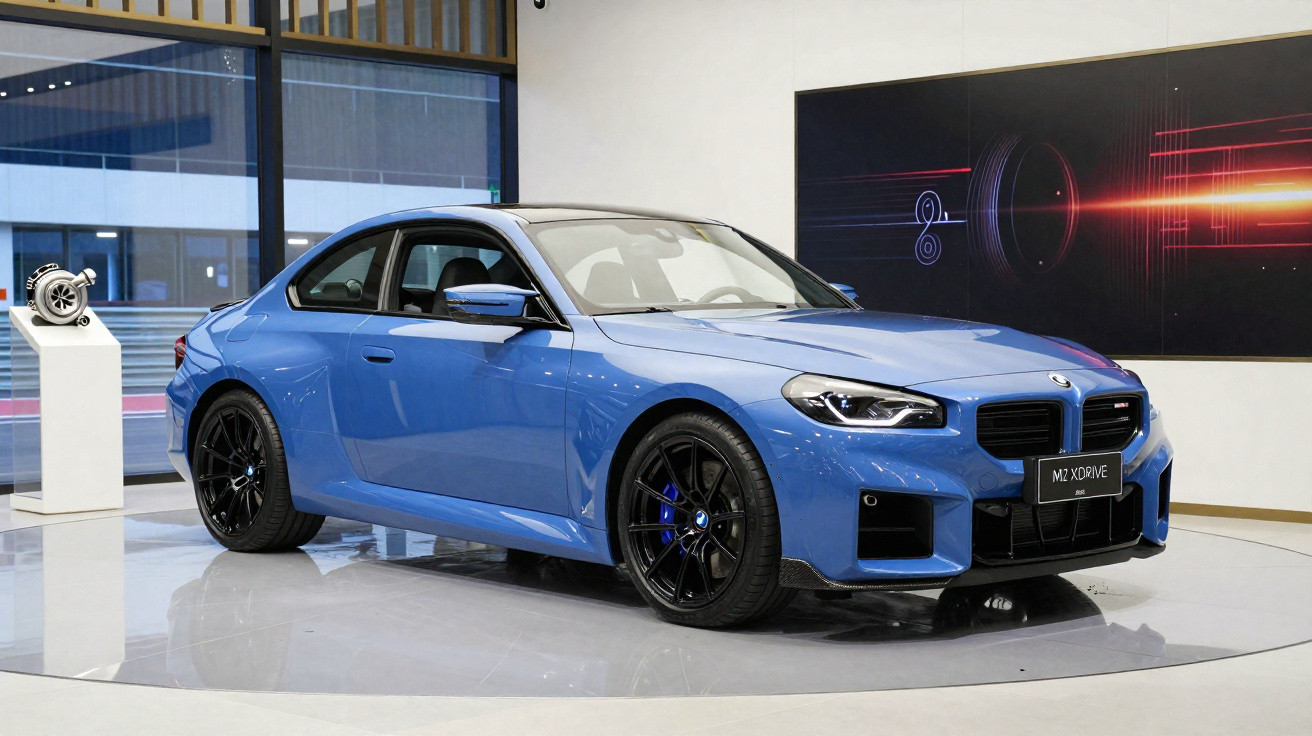 Carro BMW azul M2 XDrive exibido em sala de exposição com rodas pretas e design desportivo elegante.