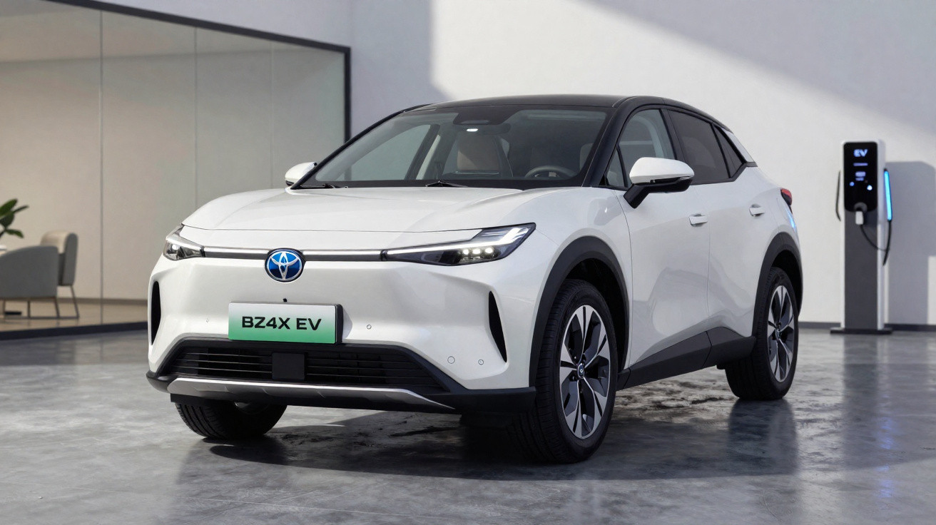 Carro elétrico Toyota BZ4X EV branco estacionado junto a posto de carregamento moderno.