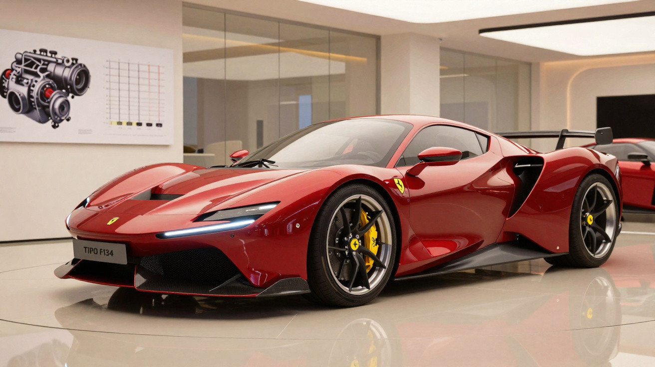 Carro desportivo Ferrari Tipo F134 vermelho brilhante exposto em sala moderna com parede de vidro.