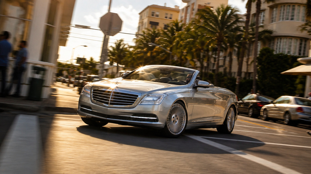 Carro descapotável Mercedes-Benz prata a circular numa avenida urbana com edifícios e palmeiras ao fundo.