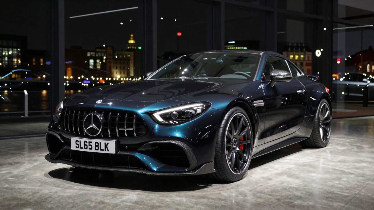 Mercedes-Benz desportivo preto estacionado em interior com iluminação noturna e reflexos no vidro.
