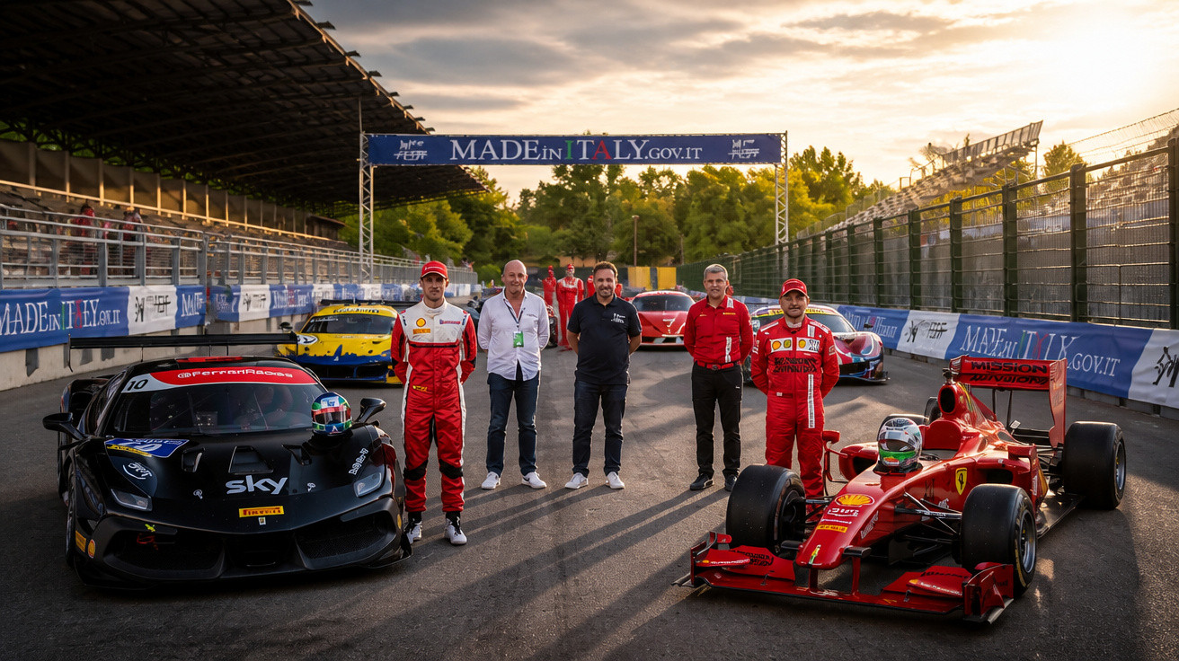 Pilotos e equipas com carros de corrida Ferrari numa pista com bandeiras Made in Italy ao pôr do sol.