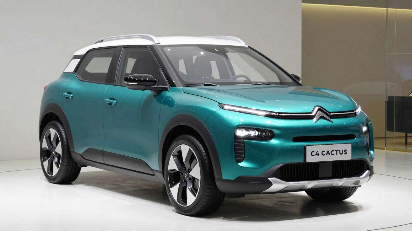 Automóvel Citroën C4 Cactus verde azul metálico com tejadilho branco em apresentação interior.