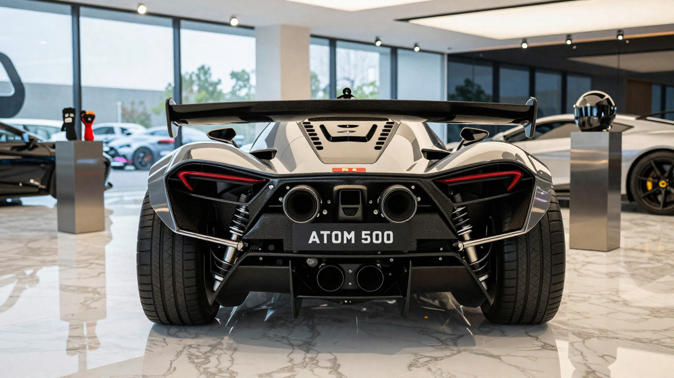 Vista traseira de um carro desportivo preto ATOM 500 numa garagem moderna com piso branco.