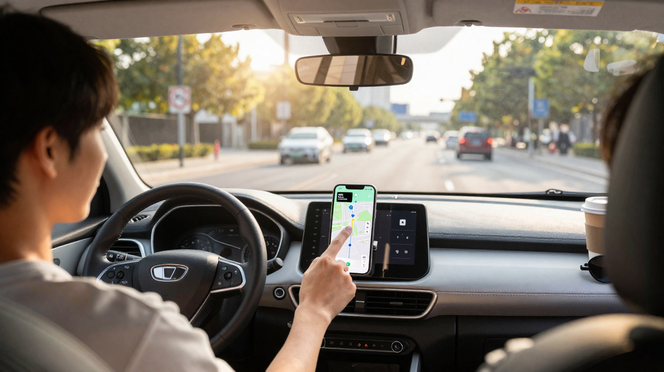 Pessoa a conduzir carro e a usar aplicação de navegação no smartphone durante o dia.