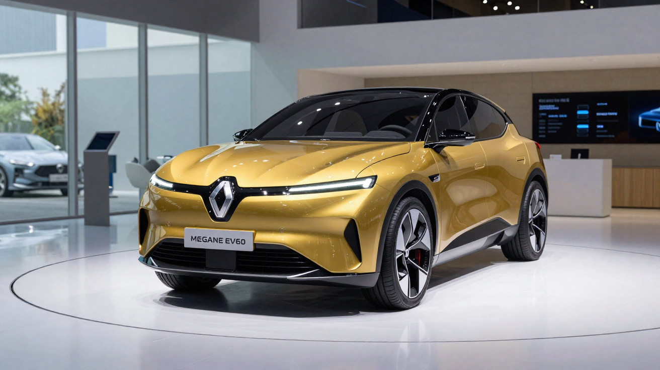 Renault Megane EV60 dourado em exposição numa sala moderna com chão branco e vidros amplos.