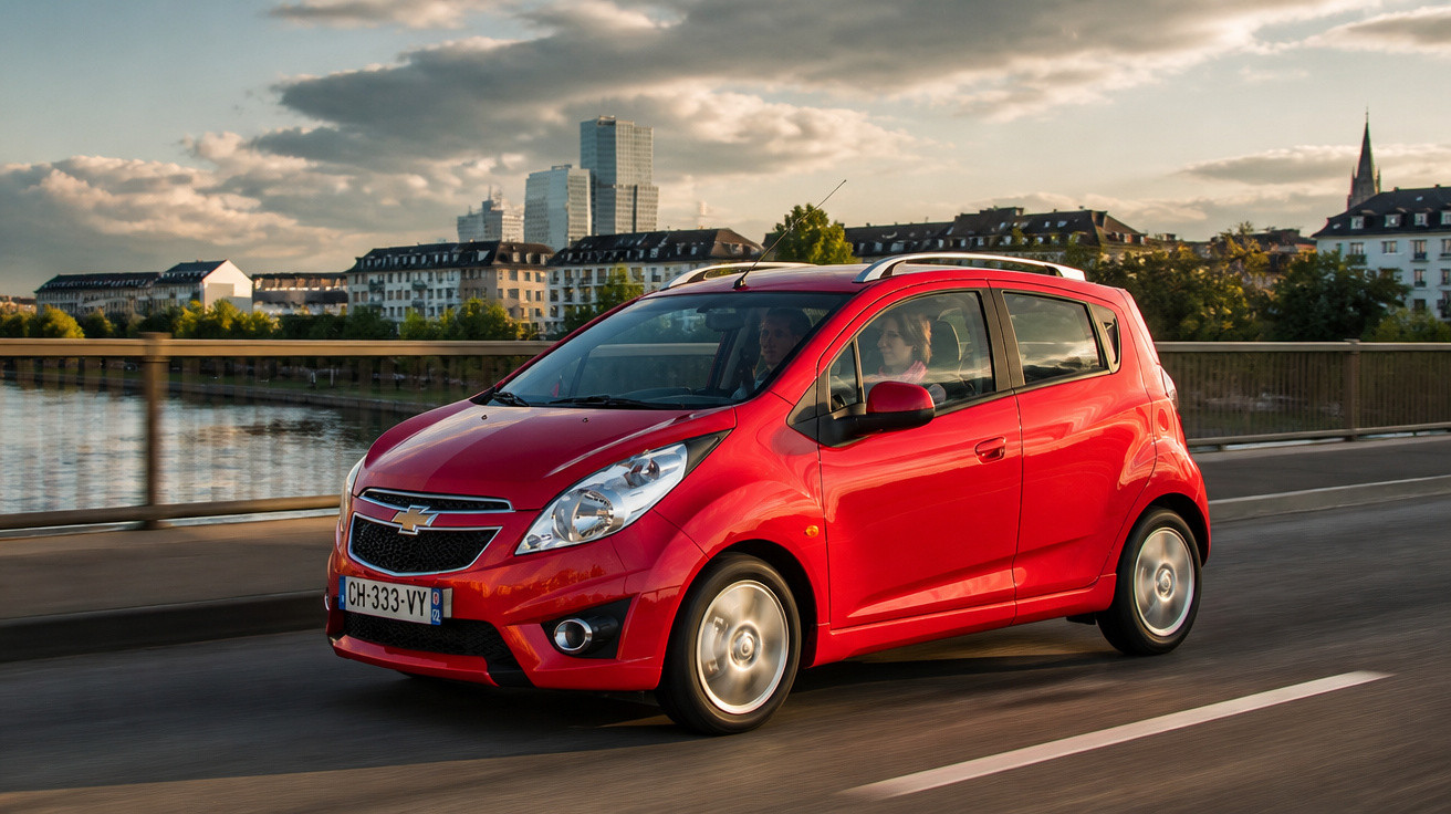 Carro vermelho compacto da Chevrolet a circular numa estrada junto a um rio e edifícios urbanos ao fundo.