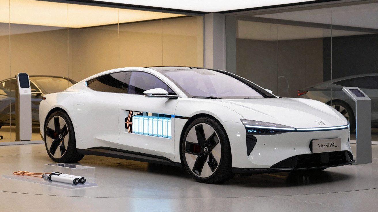 Carro elétrico branco em exposição, com bateria visível na lateral e design moderno e aerodinâmico.