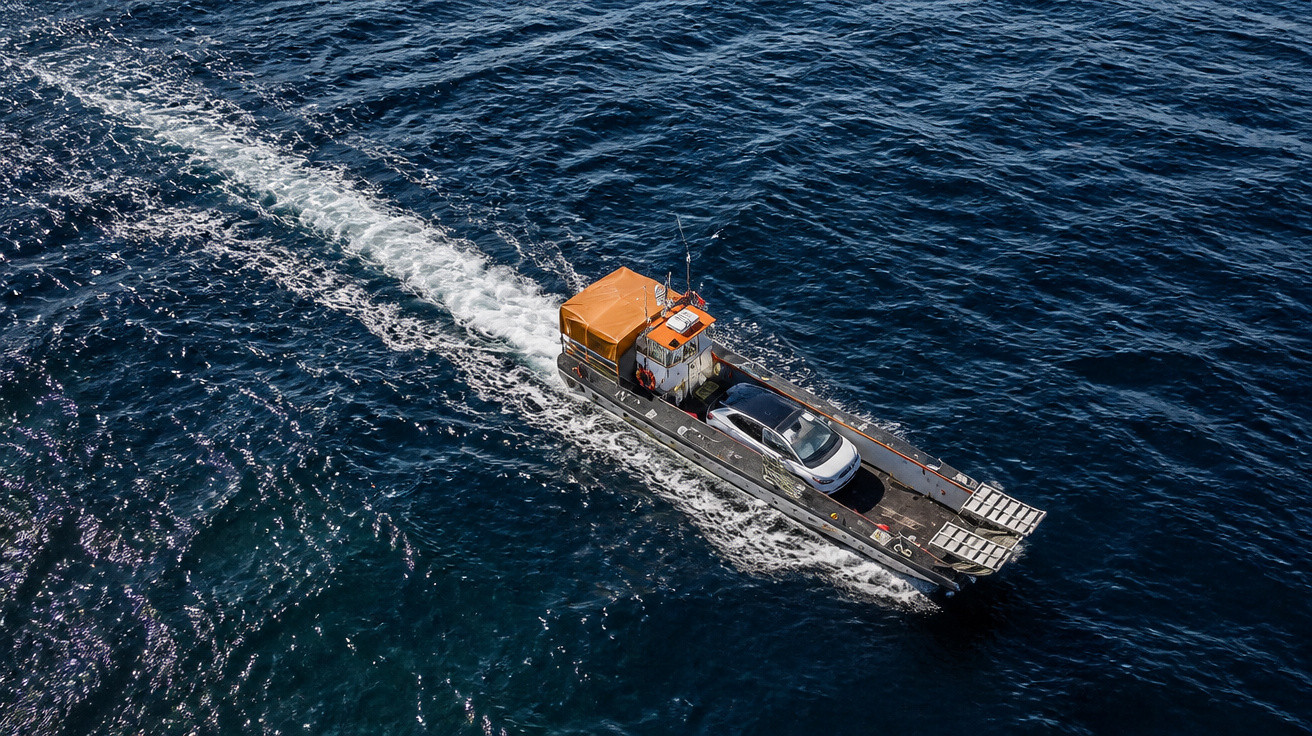 Barco de carga com carro transportado navegando no mar aberto sob céu claro.