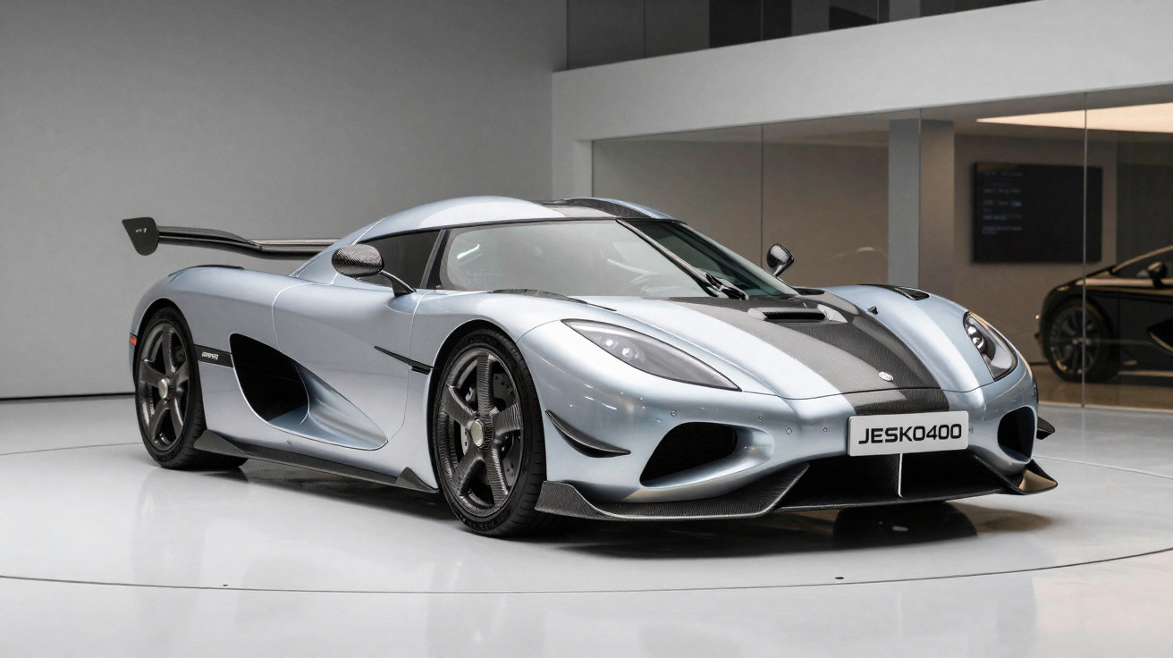 Carro desportivo cinzento com detalhes pretos, indicado como Koenigsegg Jesko 400, em exibição numa sala minimalista.