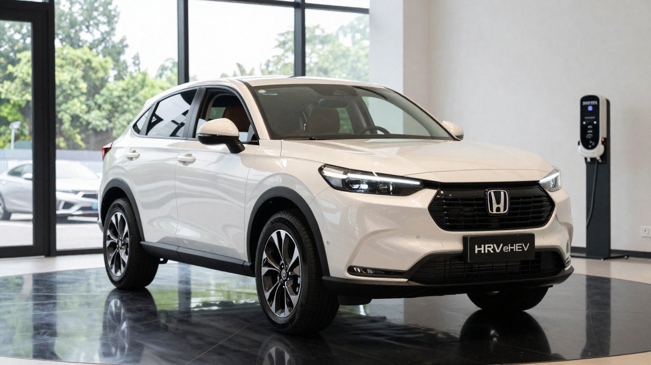 Automóvel branco Honda HR-V e:HEV em exposição num espaço interior com parede branca e carregador elétrico.