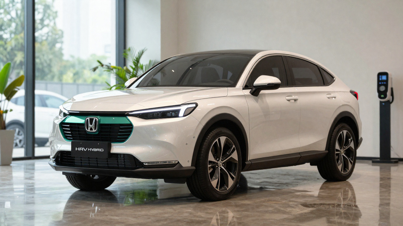 Carro elétrico Honda HR-V Hybrid branco estacionado em showroom moderno com chão espelhado.