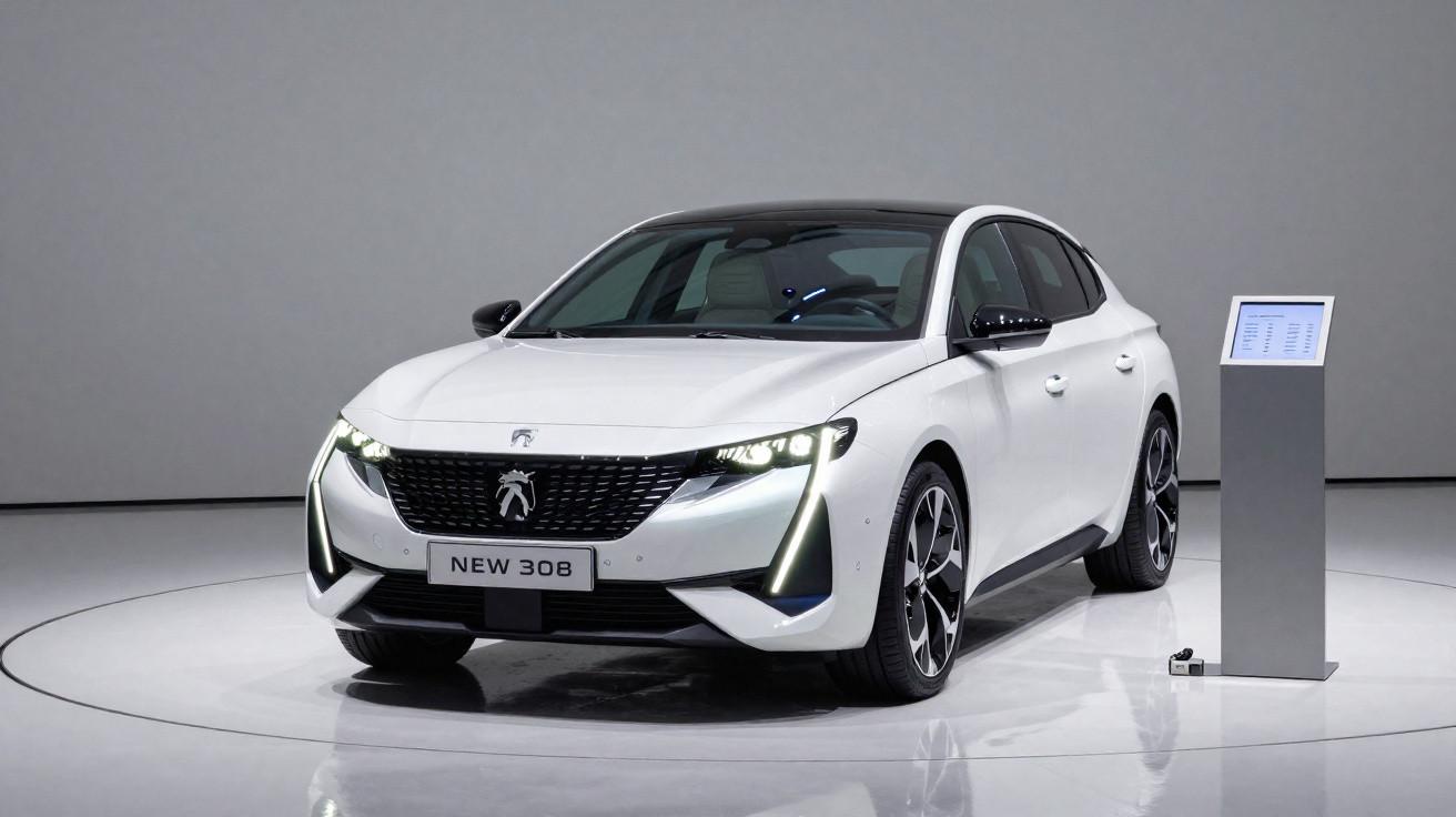Peugeot New 308 branco exibido em exposição com iluminação focada e monitor ao lado direito.