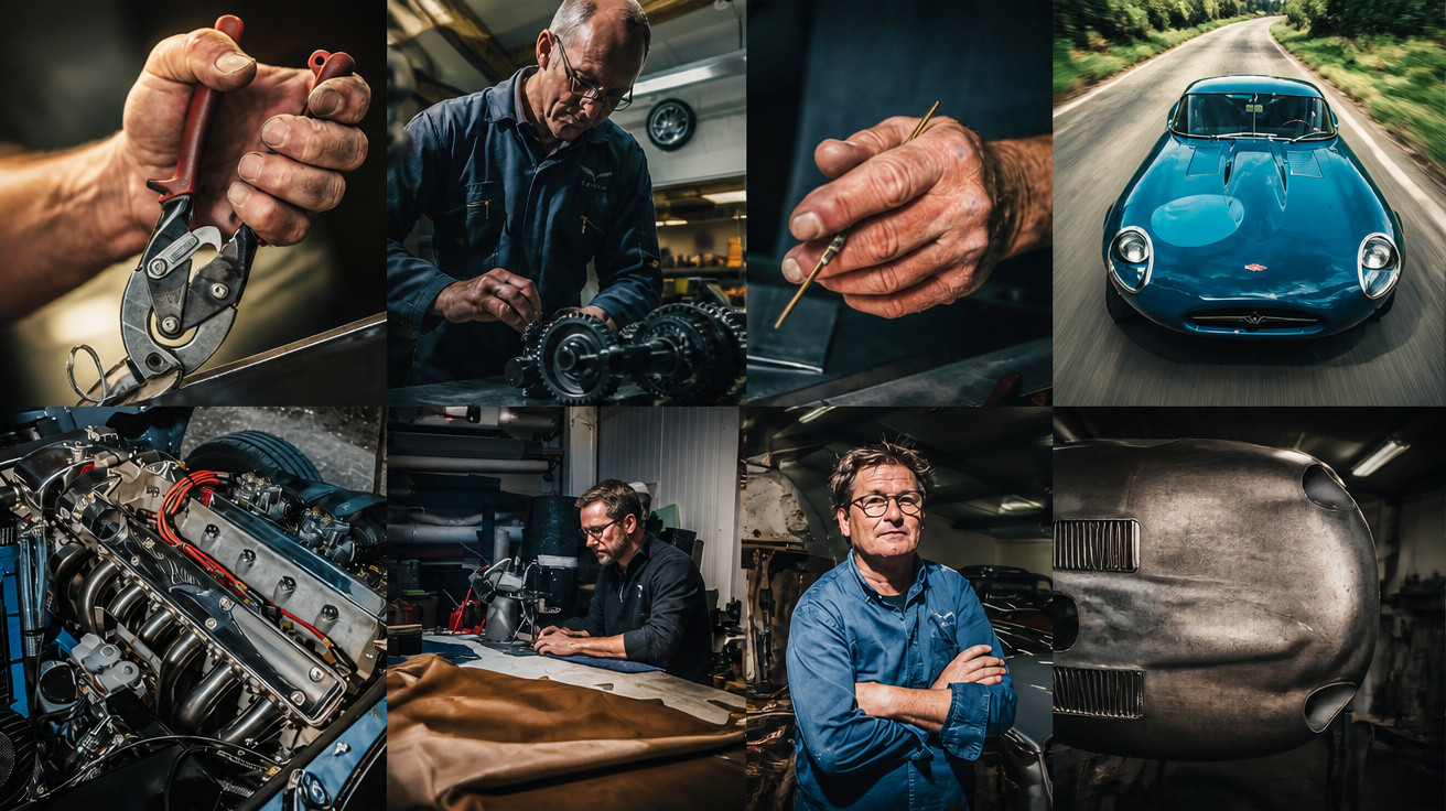 Colagem de oito imagens mostra mecânicos e engenheiros a restaurar e conduzir carros clássicos num atelier.