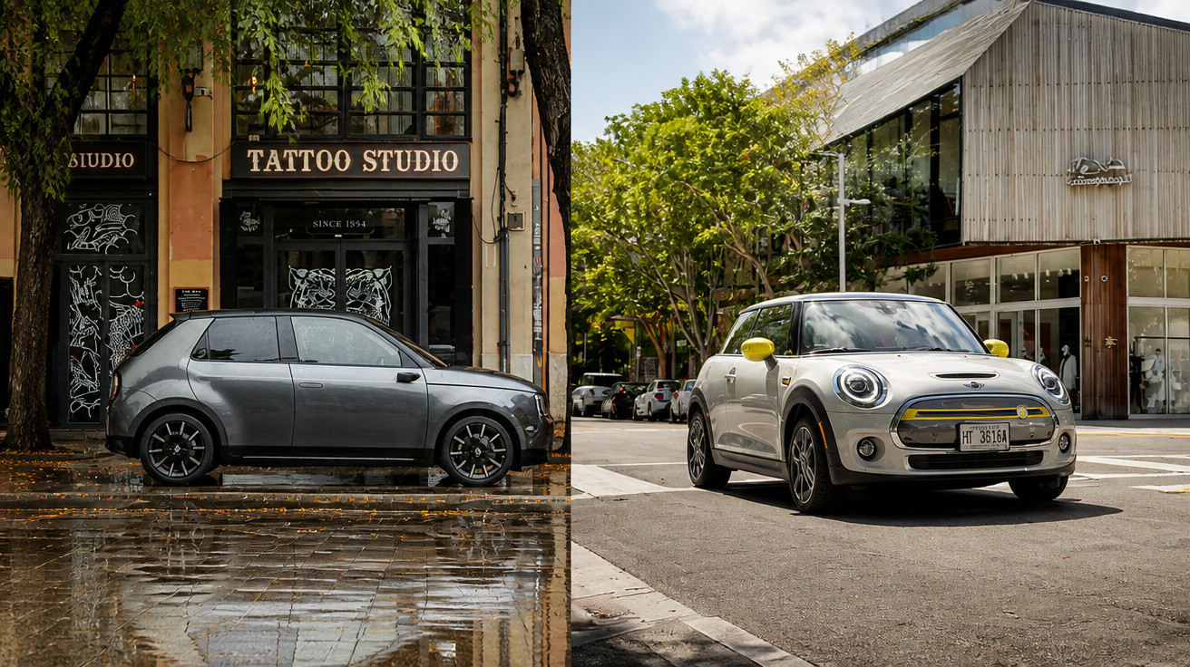 Dois carros estacionados em ruas urbanas, um cinzento em frente a um estúdio de tatuagem e outro branco num cruzamento.