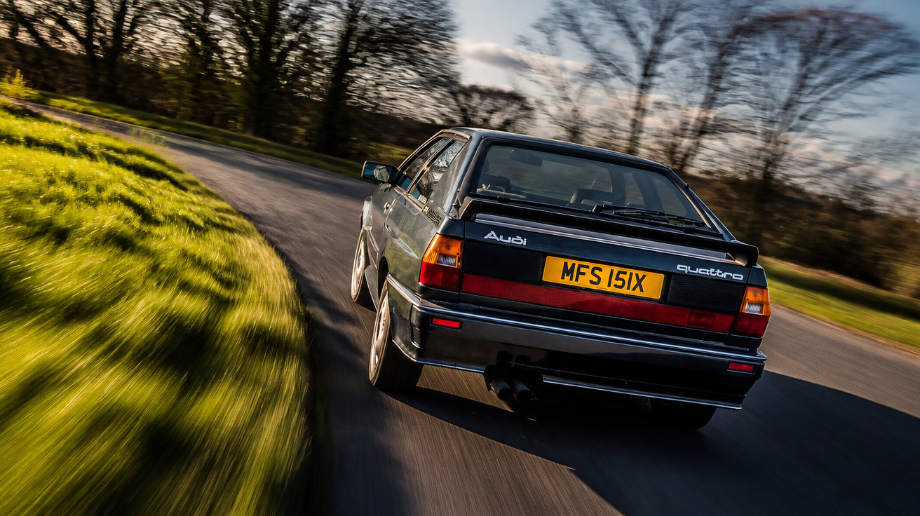 Carro Audi Quattro clássico a conduzir numa estrada curva rodeada por árvores e relva.