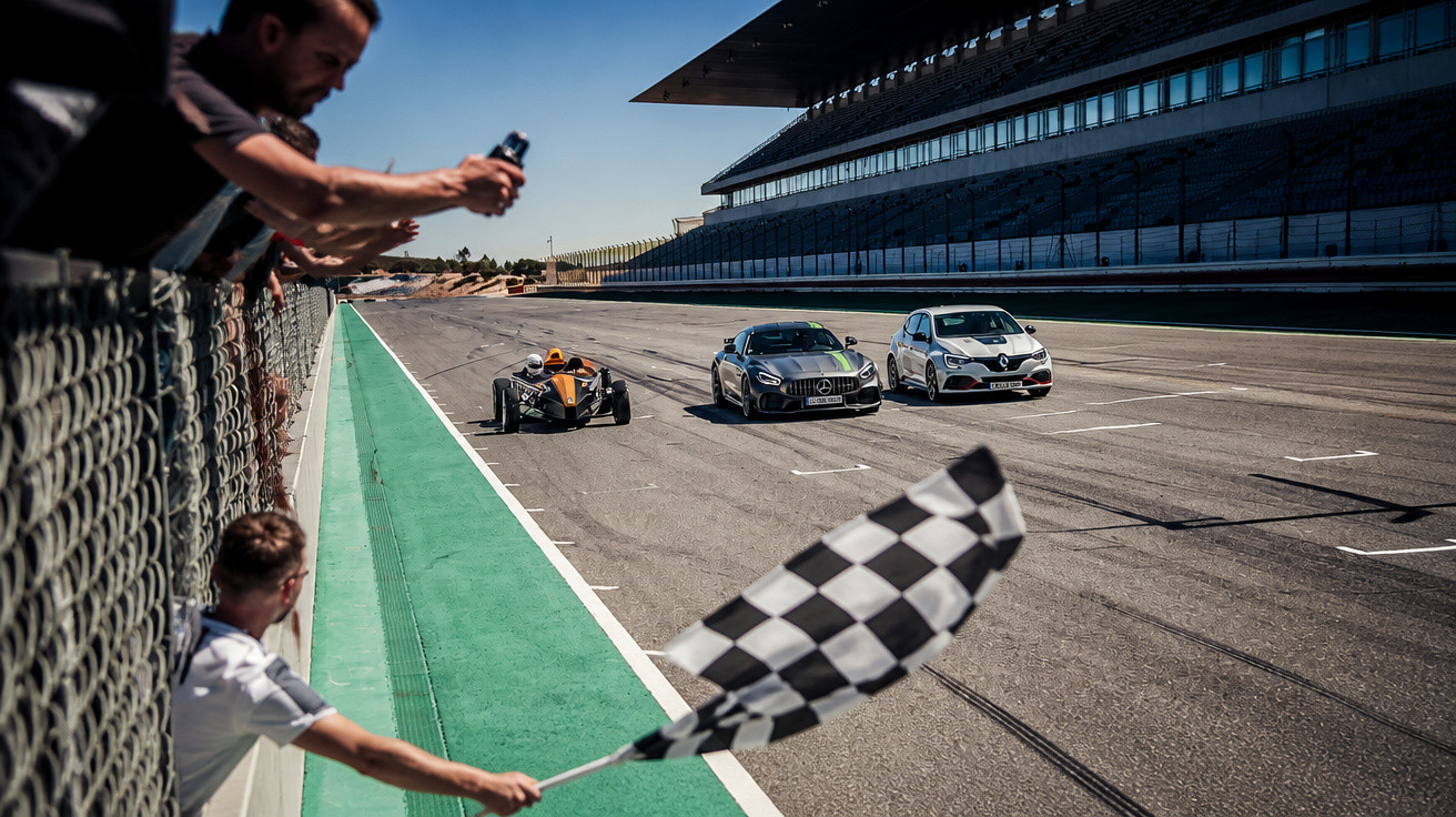 Três carros de corrida a acelerar na reta final de um circuito, com bandeira de xadrez a ser agitada.