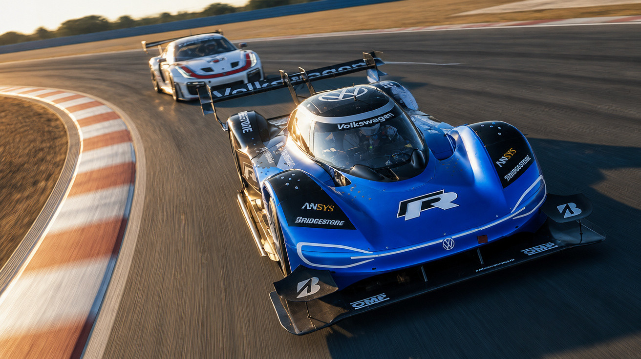 Dois carros de corrida Volkswagen em pista, com foco num modelo azul à frente, a contornar uma curva.