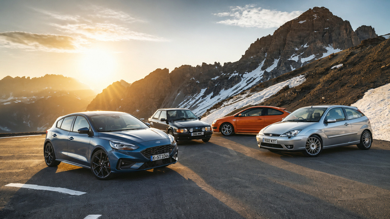 Quatro carros estacionados numa estrada de montanha ao pôr do sol, com picos rochosos e neve ao fundo.