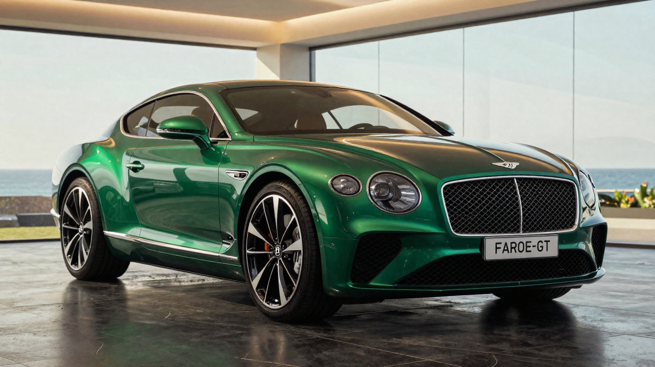 Carro desportivo verde Bentley Faroe GT estacionado em espaço moderno com vista para o mar.