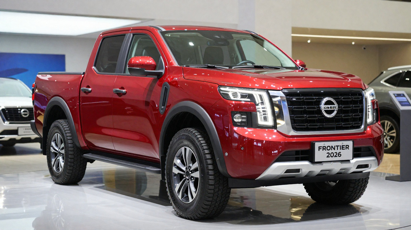 Pick-up Nissan Frontier 2026 vermelha exposta em salão automóvel interior.