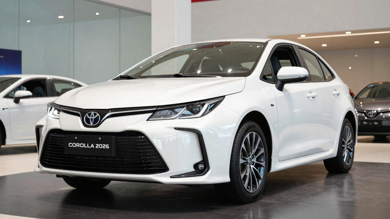 Carro Toyota Corolla 2026 branco exposto em salão automóvel com iluminação interior.