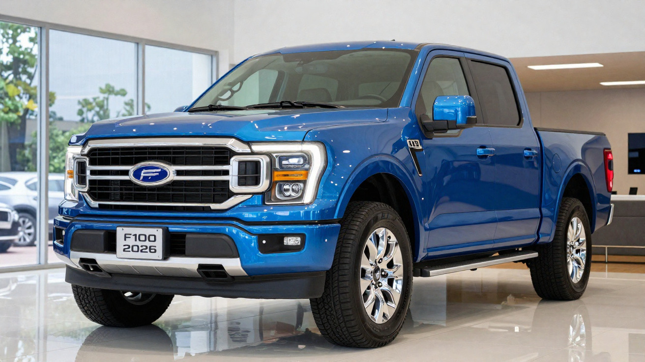 Picape azul Ford F100 2026 exibida em showroom moderno e iluminado.
