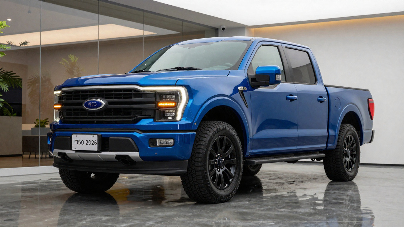Caixa azul Ford F-150 2026 estacionada em piso refletor, vista frontal ligeiramente inclinada.