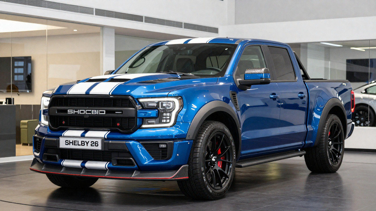 Pick-up azul metalizado com faixas brancas, modelo Shelby 26, exposta em showroom moderno.