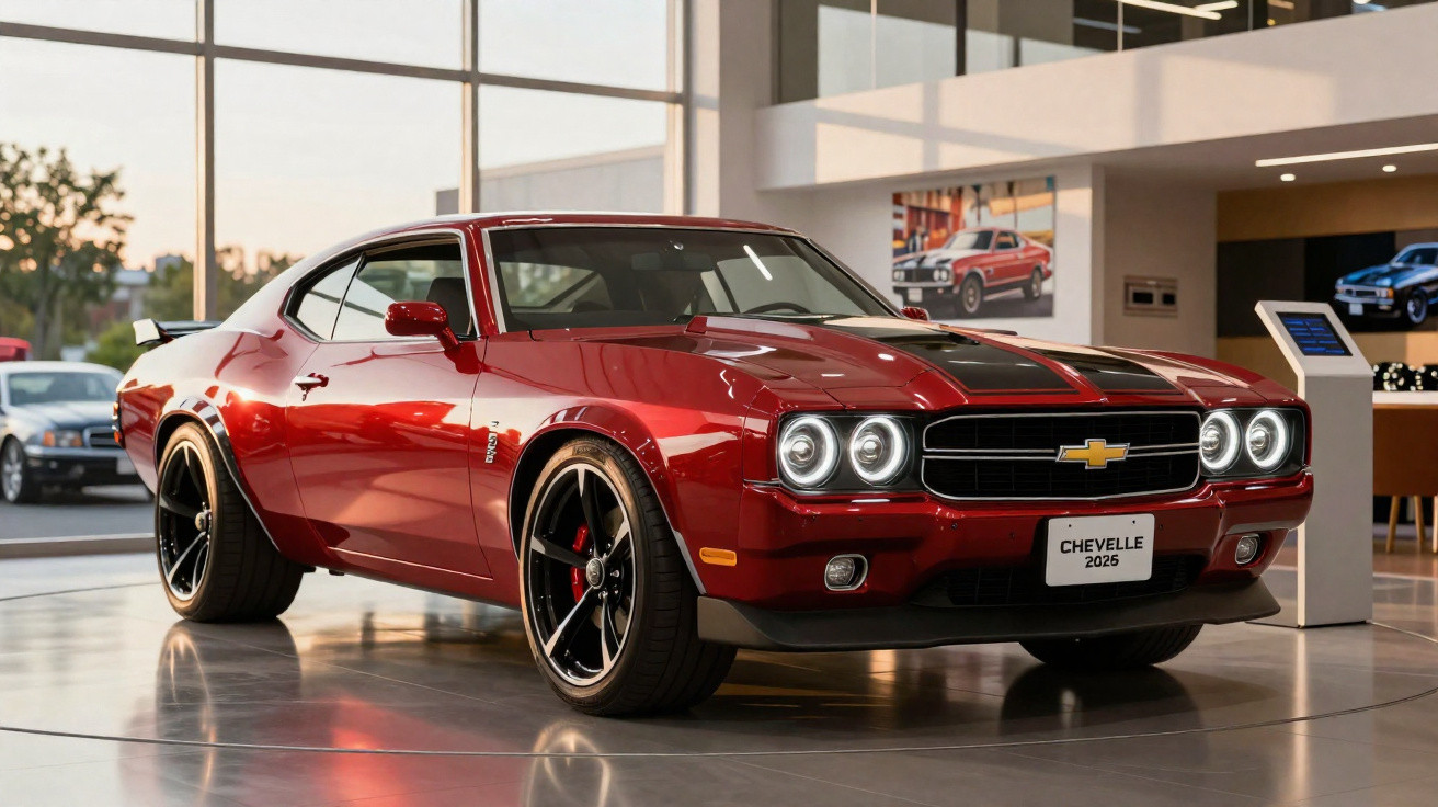 Carro desportivo Chevrolet Chevelle vermelho com faixas pretas numa exposição interior moderna.
