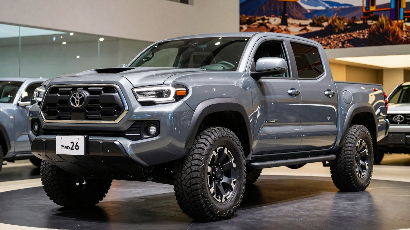 Picape Toyota Tacoma cinza estacionada em exposição indoor com pneus off-road robustos.